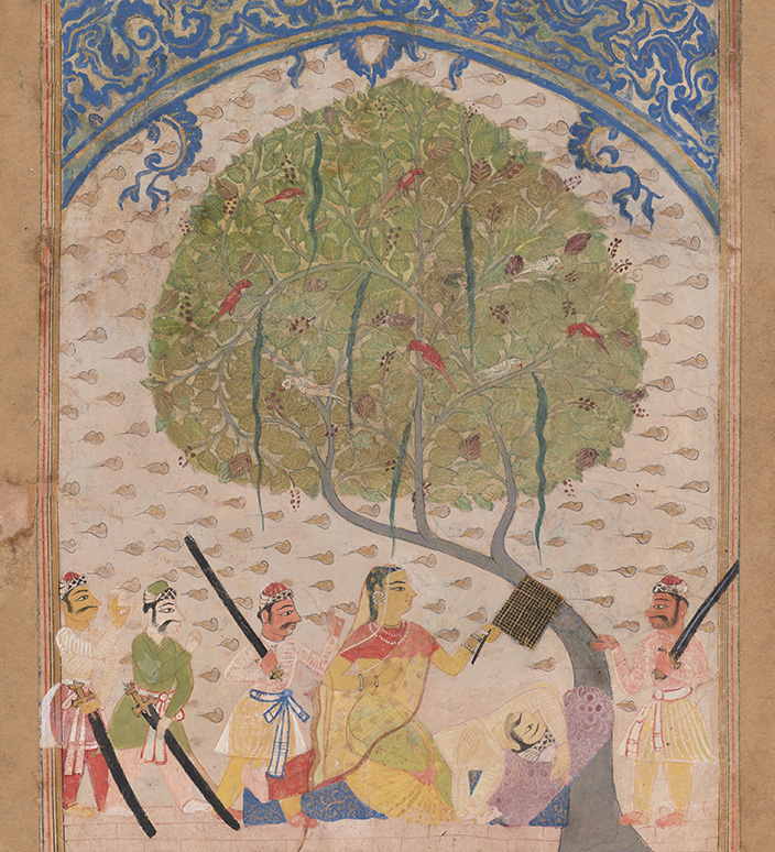 B81D33.3 The Heroine Chanda fanning her beloved, Laurak, under a tree, from a manuscript of the Chandayana