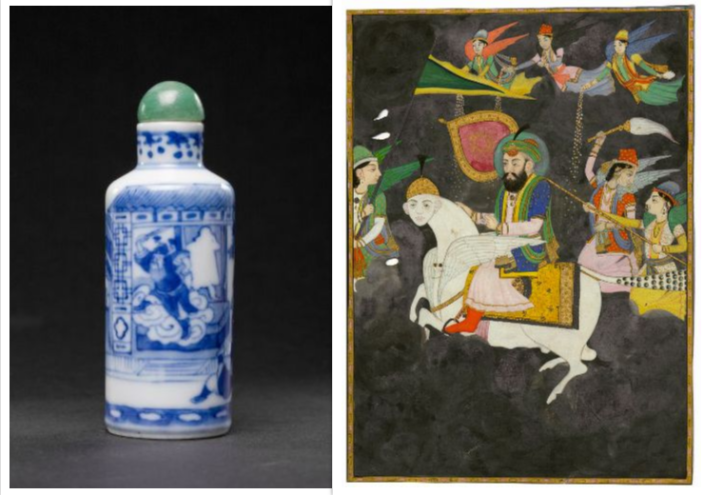 Collage - Snuff bottle with figures; Painting: The night journey of the prophet Muhammad on the heavenly creature Buraq