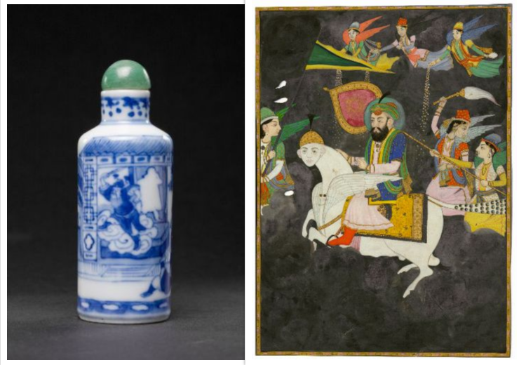 Collage - Snuff bottle with figures; Painting: The night journey of the prophet Muhammad on the heavenly creature Buraq