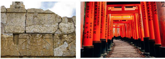 Composite Image - Faravahar Zoroastrian Symbol; Red Torii Gates at Fushimi Inari Shrine in Kyoto, Japan
