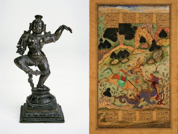 Collage - The Boy Krishna holding a stolen butterball and dancing; Watercolor: Rustam slaying a dragon