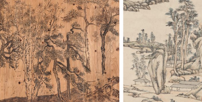 Past Continuous Tense (detail), 2011, by Lam Tung Pang; Landscape in the style of Ni Zan and Huang Gongwang, dated 1708, by Wang Yuanqi