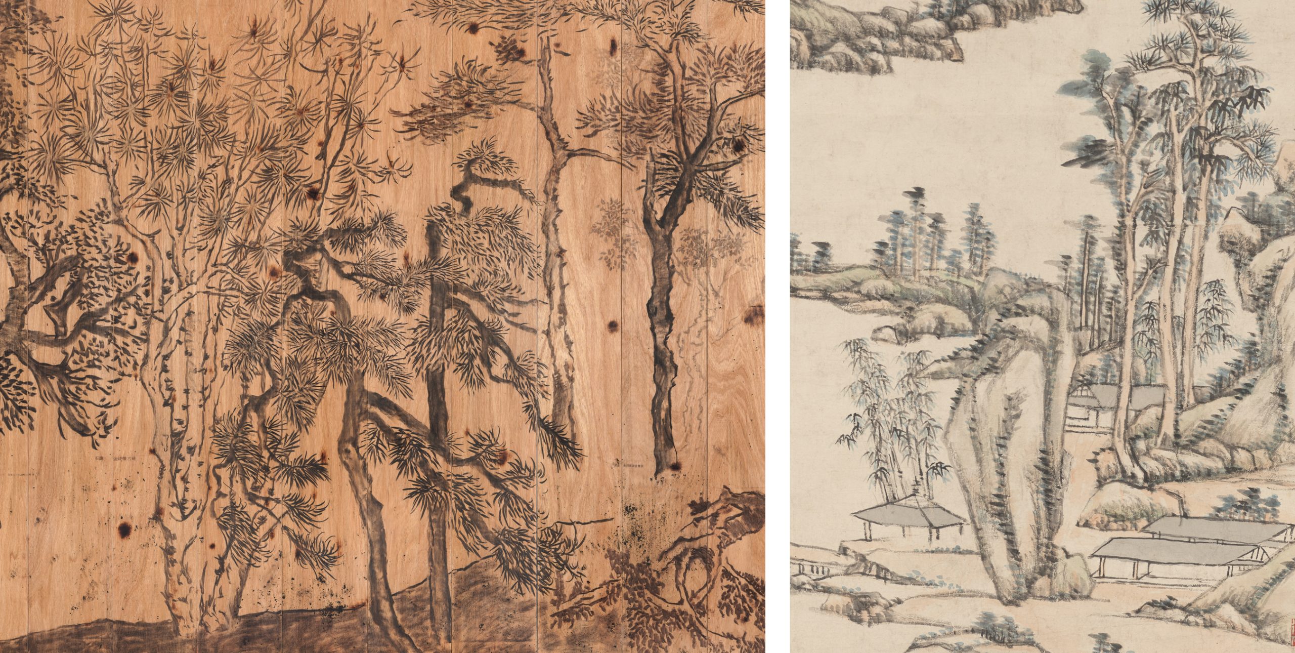 Past Continuous Tense (detail), 2011, by Lam Tung Pang; Landscape in the style of Ni Zan and Huang Gongwang, dated 1708, by Wang Yuanqi