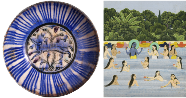 Bowl with running rabbit, approx. 1250–1350; Krishna bathing with female cowherds, approx. 1820