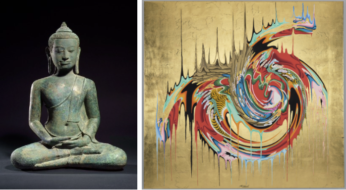 Seated Buddha in meditation, approx. 1300–1400; The Melt, 2017, by Ang Tsherin Sherpa
